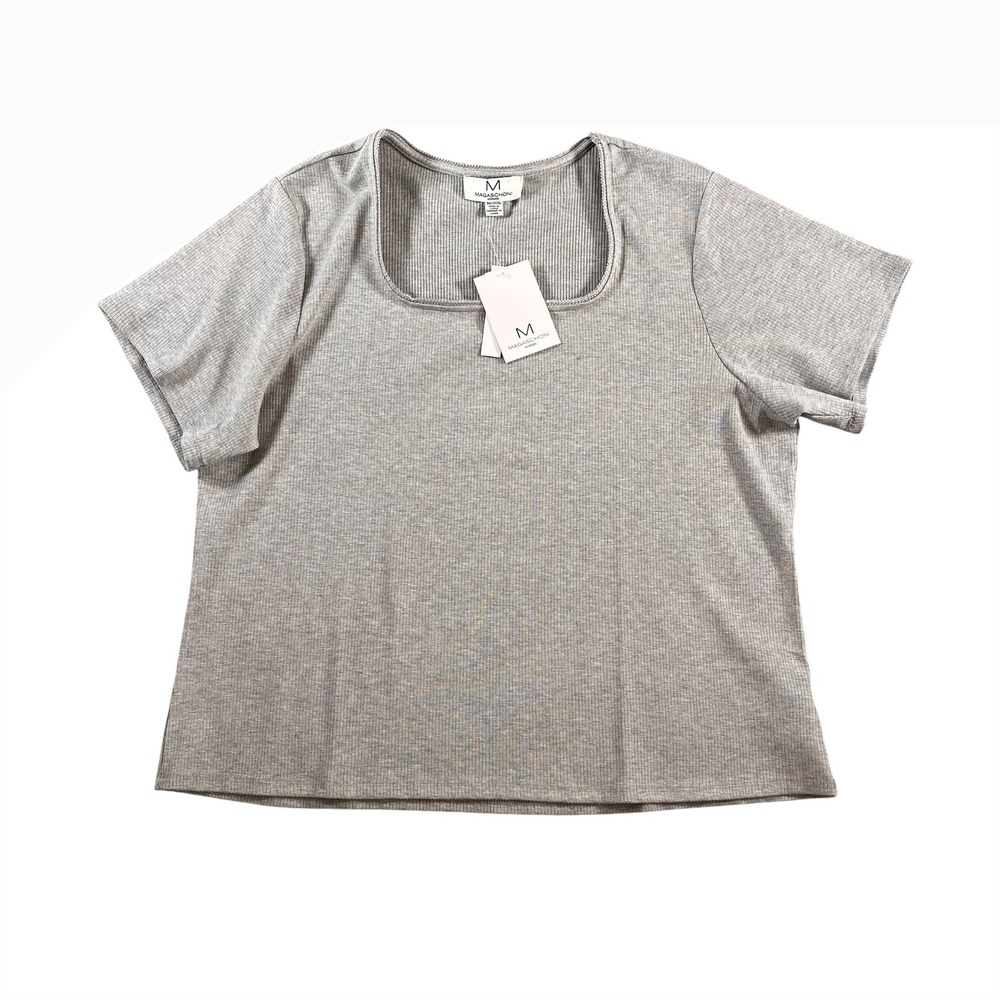 Magaschoni Woman Gray Ribbed Square Neck Short Sleeve Top Size 3X NWT